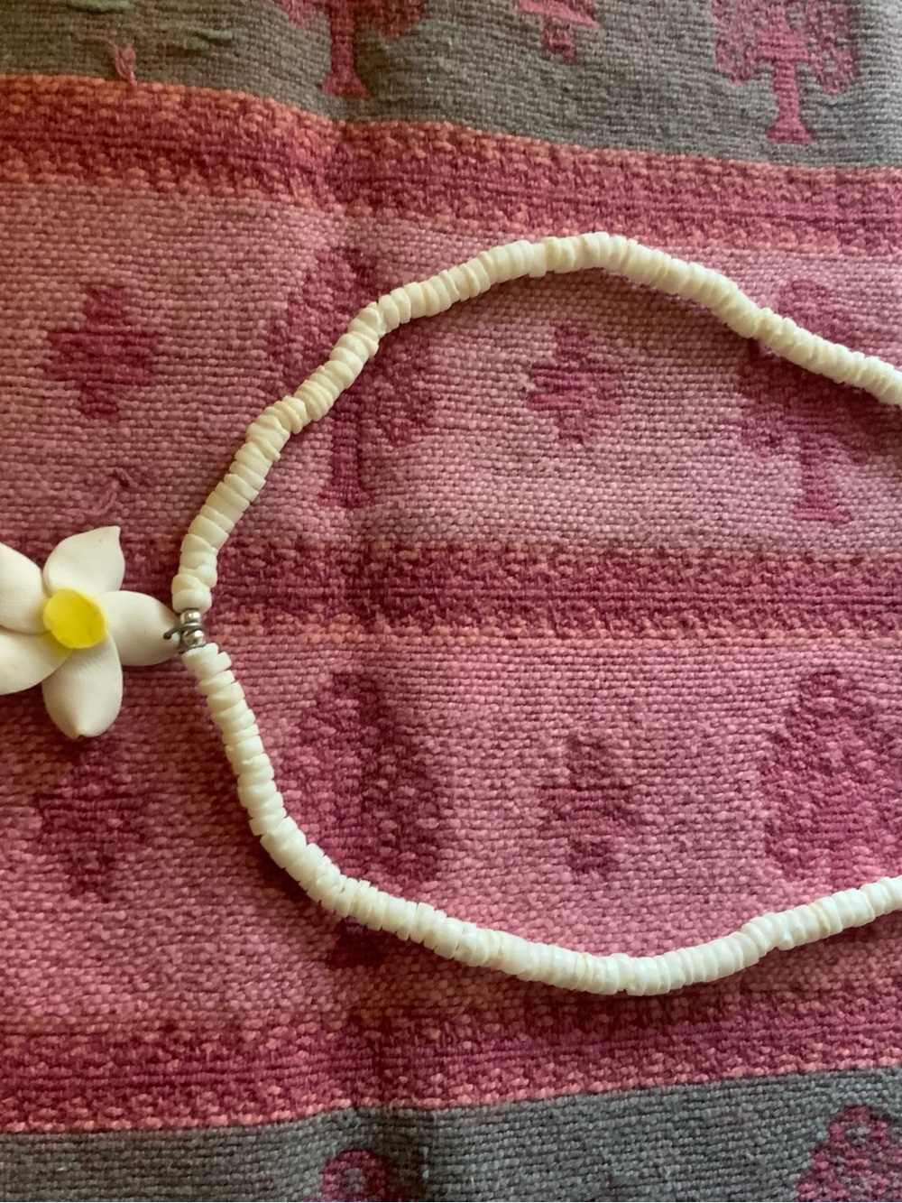 White Puka Shell Choker Necklace Plumeria Hawaiian Flower Pendant Beachy Boho